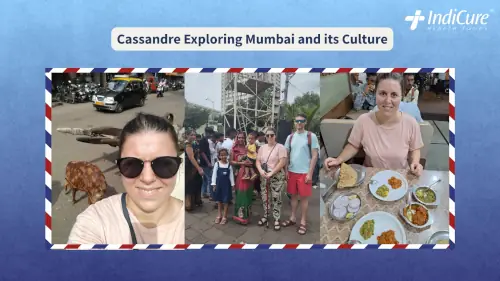 Photo collage showing Cassandre exploring Mumbai, interacting with locals, and enjoying food just days after her successful MAKO hip replacement surgery.